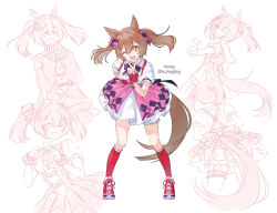  1girl animal_ears black_bow bow breasts brown_eyes brown_hair center_frills commentary_request frills hair_between_eyes hair_bow hanong_06 highres horse_ears horse_girl horse_tail looking_at_viewer multiple_hair_bows multiple_views one_eye_closed open_mouth pink_bow pink_skirt puffy_short_sleeves puffy_sleeves purple_bow red_socks shirt short_sleeves skirt smart_falcon_(love_4ever)_(umamusume) smart_falcon_(umamusume) smile socks suspender_skirt suspenders tail twintails umamusume v white_shirt white_skirt wrist_cuffs 