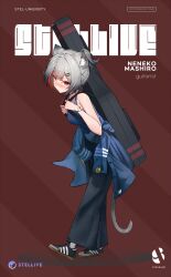  1girl absurdres adidas alternate_costume alternate_hairstyle animal_ear_fluff animal_ears armpit_crease bare_arms bare_shoulders black_shoes blue_jacket blue_tank_top blush bracelet breasts cat_ears cat_girl cat_tail character_charm character_name charm_(object) closed_mouth clothes_around_waist collarbone colored_inner_animal_ears commentary_request copyright_name cover cover_page diagonal-striped_background double-parted_bangs earrings firehippo footwear_request from_side full_body gradient_hair grey_hair grey_pants grey_tail guitar_case hair_intakes hair_ornament hairclip hands_up high_ponytail highres holding_strap instrument_case instrument_case_on_back jacket jacket_around_waist jewelry korean_commentary leaning_forward looking_at_viewer looking_to_the_side maro_(neneko_mashiro) medium_breasts multicolored_hair neneko_mashiro nose_blush pants ponytail red_background red_eyes red_hair shoes short_hair short_ponytail sidelocks sideways_glance sleeveless sneakers solo standing stellive streaked_hair striped_background tail tank_top thick_eyelashes v-shaped_eyebrows virtual_youtuber walking 