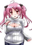  1girl breasts cleavage covered_navel highres lilish long_hair open-chest_sweater original pink_eyes pink_hair ribbed_sweater solo sweater turtleneck 