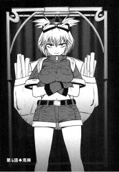  1girl backpack bag bell_hydra belt blood_lad breasts cropped_jacket curtains gloves goggles goggles_on_head highres jacket kodama_yuuki large_breasts midriff monochrome navel official_art portal_(object) rolled-up_paper round_bag shirt short_hair shorts simple_background solo thighs two_side_up 