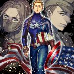  3boys blonde_hair blue_eyes brown_hair captain_america captain_america_the_winter_soldier dual_persona face_mask hat james_buchanan_barnes ken_shirou_(loco) marvel mask military_hat multiple_boys shield steve_rogers superhero winter_soldier 