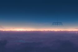  above_clouds artist_logo artist_name atmospheric_perspective blue_sky clouds commentary english_commentary gradient_sky highres logo megastructure no_humans original scenery science_fiction sky space_elevator sunset the_protagonists_(protagonist2114) watermark 
