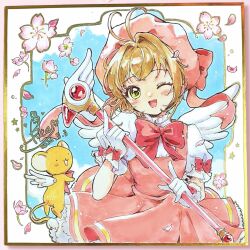  1girl ;d antenna_hair beebee1120 blue_background blush bow bowtie brown_hair cardcaptor_sakura commentary_request cowboy_shot dress frilled_dress frills fuuin_no_tsue glove_bow gloves green_eyes hair_intakes hat highres holding holding_wand kero_(cardcaptor_sakura) kinomoto_sakura kinomoto_sakura_(magician) looking_at_viewer one_eye_closed open_mouth pinafore_dress pink_dress pink_hat red_bow red_bowtie shikishi shirt short_hair short_sleeves sleeve_bow sleeveless sleeveless_dress smile traditional_media wand white_gloves white_shirt 