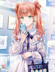  1girl absurdres artist_name bag blue_nails bow bow_earrings closed_mouth cowboy_shot dengeki_moeoh dress earrings frilled_dress frills green_eyes handbag highres hiten_(hitenkei) holding holding_phone indoors jewelry light_blush long_hair long_sleeves looking_at_phone magazine_scan nail_polish neck_ribbon original phone pink_hair purple_ribbon ribbon scan shop sidelocks solo third-party_source twintails wispy_bangs 