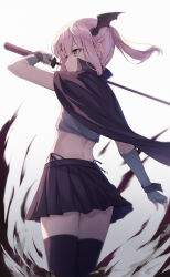  1girl absurdres black_cape black_panties black_skirt black_thighhighs black_wings black_wrist_cuffs blue_eyes cape chiyoda_momo commentary_request cowboy_shot demon_wings elbow_gloves fingerless_gloves gloves gradient_background grey_background grey_gloves grey_shirt hair_ornament highleg highleg_panties highres holding holding_weapon katana looking_ahead machikado_mazoku medium_hair miniskirt nuenue panties pink_hair pinstripe_pattern pinstripe_shirt pleated_skirt ponytail shirt short_ponytail side-tie_panties sidelocks skirt solo standing sword thigh-highs underwear weapon white_background wings wrist_cuffs x_hair_ornament zettai_ryouiki 