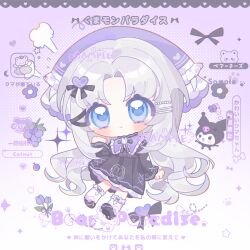  1girl black_bow black_bowtie black_dress black_shoes blue_eyes blush bow bow_legwear bowtie chibi chibi_only closed_mouth dress frilled_dress frilled_headwear frills full_body gradient_background grey_hair hair_ornament hairclip headscarf highres kneehighs long_hair long_sleeves looking_at_viewer original parallel_hairclips parted_bangs purple_background purple_bow purple_headscarf shoes socks solo standing v-shaped_eyebrows watermark white_socks yikemaohetao 