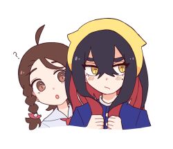 2girls :o ? ahoge black_hair blue_jacket blush braid brown_eyes brown_hair carmine_(pokemon) closed_mouth collared_shirt colored_inner_hair commentary_request cropped_torso dongtae_p eyelashes hair_between_eyes hair_ornament hairband hairclip highres holding holding_own_hair jacket juliana_(pokemon) korean_commentary long_hair looking_at_another looking_to_the_side mole mole_under_eye multicolored_hair multiple_girls open_mouth pokemon pokemon_sv red_hair shirt short_hair single_braid two-tone_hair upper_body white_background white_shirt yellow_eyes yellow_hairband 