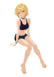  1girl abs absurdres barefoot black_collar blonde_hair blue_shorts blue_sports_bra breasts collar commentary_request full_body highres invisible_chair kiritachi_kuu knees_together_feet_apart kuthird346 medium_breasts navel original partial_commentary short_shorts shorts sitting solo sports_bra wristband yellow_eyes 