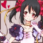  1girl bare_shoulders black_hair blush border bust collarbone flat_chest gloves hair_ribbon heart looking_at_viewer love_live!_school_idol_project lowres nora-toro pink_gloves red_eyes ribbon smile solo twintails vertical-striped_background yazawa_nico 