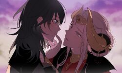  2girls blue_eyes blue_hair breasts edelgard_von_hresvelg female_byleth_(fire_emblem) fire_emblem fire_emblem:_three_houses head_tilt headpiece horns medium_breasts multiple_girls outdoors parted_lips smile sunset touching_another's_lip violet_eyes vo1ez white_hair yuri 