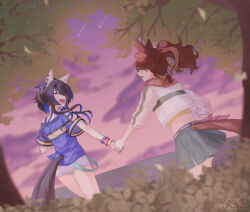  2girls animal_ears bead_bracelet beads belt blue_hair blue_shirt bracelet brown_hair clouds commentary_request crop_top cropped_jacket daitaku_helios_(fun_fun_party_night)_(umamusume) daitaku_helios_(umamusume) ear_covers facial_tattoo fur-trimmed_jacket fur_trim green_skirt hair_ornament hairclip hanong_06 highres holding_hands horse_ears horse_girl horse_tail jacket jewelry long_hair long_sleeves mejiro_palmer_(line_breakthrough)_(umamusume) mejiro_palmer_(umamusume) midriff multicolored_hair multiple_girls outdoors pink_belt ponytail shirt shooting_star shorts skirt sky smile streaked_hair tail tattoo tree umamusume white_jacket white_shorts yellow_shirt 
