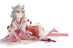  1girl absurdres barefoot cokei commentary hair_between_horns highres hololive horn_ornament horns japanese_clothes long_hair looking_at_viewer nakiri_ayame nakiri_ayame_(1st_costume) oni red_eyes red_hair rope shimenawa skin-covered_horns smile solo virtual_youtuber white_hair 