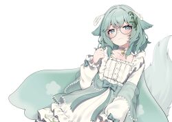  1girl absurdres bell blue_eyes bow center_frills choker closed_mouth collarbone commentary dress frills green_bow green_hair hair_ornament highres indie_virtual_youtuber leaf_hair_ornament neck_bell semi-rimless_eyewear sleepiebug solo tail valefal_coneri virtual_youtuber white_background white_bow white_choker white_dress 