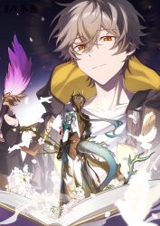  2boys alternate_form arm_ribbon armor artist_name as_i've_written_(honkai:_star_rail) bird bird_wings black_corset black_gloves black_hair black_jacket black_shirt blue_hair book branch caelus_(honkai:_star_rail) chinese_clothes closed_mouth coat collarbone corset dan_heng_(honkai:_star_rail) dan_heng_(permansor_terrae)_(honkai:_star_rail) daochuluanpa dragon_boy dragon_horns dragon_tail feathered_wings fingerless_gloves fingernails floating_hair flower from_behind full_body gloves gold_trim gradient_hair grey_hair hair_between_eyes hair_ornament hair_tubes hand_up highres holding holding_quill honkai:_star_rail honkai_(series) hood hooded_jacket horns jacket lapels leaf long_hair long_sleeves looking_at_another looking_down low_ponytail male_focus multicolored_hair multiple_boys official_alternate_costume official_alternate_hairstyle open_book open_clothes open_jacket petals pigeon ponytail quill ribbon shirt short_hair shoulder_armor single_hair_tube smile standing star_(sky) starry_sky_background t-shirt tail tassel trailblazer_(honkai:_star_rail) two-sided_fabric two-sided_jacket two-tone_hair upper_body wavy_hair white_coat white_flower white_shirt wings yellow_eyes yellow_jacket 