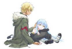  1boy 1other black_boots black_sleeves blonde_hair blue_hair boots closed_mouth commentary_request detached_sleeves full_body fur-trimmed_hood fur_trim green_jacket grey_pants hair_between_eyes hand_on_another's_head holding_hands hood hood_down hooded_jacket jacket knee_boots long_hair long_sleeves looking_at_another looking_down looking_up lying lying_on_another's_legs mizuki_riko multicolored_boots on_stomach open_clothes open_jacket pants parted_lips rimuru_tempest shirt short_hair sidelocks simple_background sitting sleeveless sleeveless_shirt sleeves_past_wrists smile sweatdrop tensei_shitara_slime_datta_ken two-tone_boots veldora_(tensura) white_background white_boots white_shirt yellow_eyes 