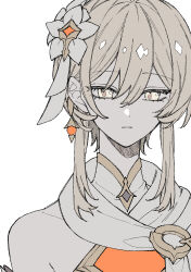  1girl absurdres bare_shoulders blonde_hair brown_pupils closed_mouth commentary dress earrings flower genshin_impact gold_trim hair_between_eyes hair_flower hair_ornament highres jewelry looking_down lumine_(as_heaven_and_earth_are_made_anew)_(genshin_impact) lumine_(genshin_impact) mandarin_collar official_alternate_costume scarf short_hair sidelocks simple_background single_earring sleeveless sleeveless_dress solo untranslatable_commentary upper_body white_background white_dress white_flower white_scarf yellow_eyes yyyyy_kkkmm 
