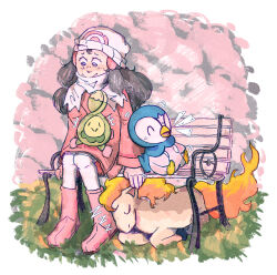  1girl beanie bench black_hair blue_eyes blue_fur boots breadbread77 budew coat commentary english_commentary fire grass hat highres hikari_(pokemon) long_hair pantyhose park_bench pink_boots pink_coat piplup pokemon pokemon_(creature) pokemon_dppt pokemon_platinum ponyta sitting sleeping two-tone_fur white_fur white_pantyhose 