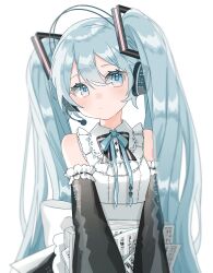  1girl absurdres black_bow black_bowtie black_sleeves blue_eyes blue_hair blue_ribbon bow bowtie closed_mouth commentary detached_sleeves hair_bow hatsune_miku headphones headset highres holding holding_paper long_hair long_sleeves looking_at_viewer mafuyu_(re_eva) microphone neck_ribbon paper ribbon sheet_music shirt sidelocks simple_background solo upper_body very_long_hair vocaloid white_background white_shirt 