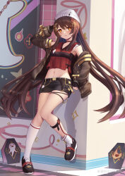  1girl absurdres against_wall arm_behind_head asymmetrical_legwear beanie belt black_shoes black_skirt breasts brown_belt brown_hair brown_jacket chinese_commentary choker commentary_request flower-shaped_pupils full_body genshin_impact gloves hat highres hu_tao_(galaxy_store)_(genshin_impact) hu_tao_(genshin_impact) jacket long_hair looking_at_viewer midriff navel official_alternate_costume open_clothes open_jacket orange_eyes red_shirt shirt shoes skirt small_breasts smile socks solo srwsrx_(gp03dsrx) symbol-shaped_pupils twintails white_hat white_socks 