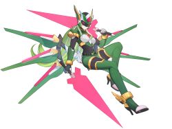  1girl absurdres adapted_costume alternate_costume alternate_hairstyle armor armored_boots assault_visor belt body_armor bodysuit boots breasts chest_jewel commission commissioner_upload covered_navel dual_wielding energy_sword facial_mark forehead_jewel full_body gauntlets genderswap genderswap_(mtf) gloves green_hair helmet high_heel_boots high_heels highres holding long_hair mechanical_ears mechanical_wings mega_man_(series) mega_man_zero_(series) multicolored_hair non-web_source sage_harpuia_(mega_man) shorts shoulder_armor small_breasts solo sword thigh_boots thighs transparent_background two-tone_hair uta_guipiy weapon white_hair winged_helmet wings 