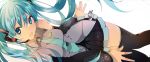  1girl aqua_eyes aqua_hair detached_sleeves hatsune_miku headset long_hair lp_(hamasa00) necktie open_mouth simple_background skirt solo thigh-highs twintails very_long_hair vocaloid white_background 