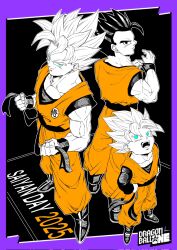  black_boots black_hair black_sash black_shirt boots brothers dragon_ball dragon_ball_z family father_and_son hashtag-only_commentary highres limited_palette muscular muscular_male orange_pants orange_shirt pants potential_unleashed sash shirt short_hair siblings son_gohan son_gohan_love son_goku son_goten spiky_hair super_saiyan super_saiyan_1 