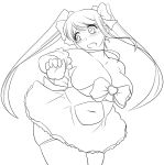  13988 1girl bare_shoulders belly blush breasts character_request dress elbow_gloves embarrassed gloves huge_breasts looking_back magical_girl monochrome navel original plump short_dress sketch solo strapless_dress thick_thighs thigh-highs thighs twintails 