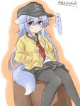  1girl animal_ears blue_eyes dog_ears dog_tail hands_in_pockets hibiki_(kantai_collection) jacket kantai_collection kemonomimi_mode looking_at_viewer musouzuki neckerchief pantyhose school_uniform serafuku silver_hair sitting skirt solo tail 