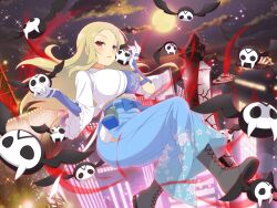  1girl animal armor bat_(animal) belt_pouch blonde_hair blue_hakama blush boots breasts building city city_lights clothing_cutout energy floral_print_hakama frilled_kimono frills full_moon gessen_academy_school_uniform gloves hair_ornament hairclip hakama heart heart-shaped_eyes hip_vent holding holding_animal horizon japanese_armor japanese_clothes kimono kote large_breasts light_particles long_hair looking_at_viewer midair middle_part mole mole_under_mouth moon mountain mountainous_horizon muneate night official_art parted_bangs pouch red_eyes school_emblem school_uniform scythe seductive_smile senran_kagura senran_kagura_new_link senran_kagura_shinovi_versus shiki_(senran_kagura) ship sky skyscraper smile solo star_(sky) starry_sky tower water watercraft white_gloves white_kimono yacht 