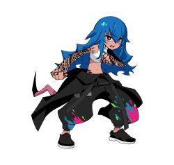  1girl arm_tattoo baggy_pants bare_shoulders belt black_belt black_jacket black_pants black_shoes blue_hair breasts bright_pupils can clothes_around_waist dark-skinned_female dark_skin finger_tattoo graffiti guernica_(p5t) hair_between_eyes hand_tattoo hip_tattoo jacket jacket_around_waist long_hair loose_belt medium_breasts mouse_tail navel official_art open_mouth oribe_hanako paint_on_clothes paint_splatter pants persona persona_5 persona_5_tactica pink_pupils red_eyes shirt shoes sleeveless sleeveless_shirt solo spoilers spray_can spray_paint tail tank_top tattoo tattoo_sleeve transparent_background very_long_hair wavy_hair white_tank_top 