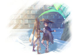  2boys animal_ear_hood animal_ears arm_at_side armor black_bodysuit black_bow black_bridal_gauntlets black_eyes black_hood black_sandals black_shorts black_shrug black_socks blue_cape blue_gem blue_hat blue_jingasa blue_kimono blue_sleeves blunt_ends bodysuit bookshelf bow bridal_gauntlets cape cyno_(genshin_impact) dark-skinned_male dark_skin eyeliner feathers furisode gem genshin_impact gold hakama hakama_shorts hand_on_own_hip hand_up hat highres hood indoors jackal_ears japanese_armor japanese_clothes jingasa juban kimono kote kurokote layered_sleeves leg_warmers library makeup multiple_boys open_clothes open_hand open_kimono open_mouth plant pleated_shorts pom_pom_(clothes) purple_hair purple_sash red_eyeliner sandals sash scaramouche_(genshin_impact) short_sleeves shorts shrug_(clothing) side_cape socks standing stirrup_footwear tamane_june tassel toeless_legwear turtleneck turtleneck_bodysuit wanderer_(genshin_impact) white_kimono white_leg_warmers white_shorts white_sleeves yellow_feathers zouri 