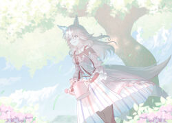  1girl animal_ears asymmetrical_gloves black_pantyhose blue_eyes blue_sky breasts choker clouds coat commentary_request dress ear_covers fingerless_gloves flower frilled_choker frills gloves grey_hair hair_between_eyes hanong_06 highres holding holding_watering_can horse_ears horse_girl horse_tail jacket long_hair mismatched_gloves multicolored_hair off-shoulder_coat off-shoulder_dress off_shoulder open_mouth outdoors pantyhose pink_coat pink_dress pink_jacket single_ear_cover sky smile solo streaked_hair tail tree umamusume watering_can wonder_acute_(butterfly_sting)_(umamusume) wonder_acute_(umamusume) 