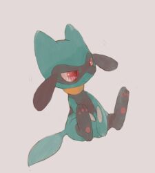  absurdres closed_mouth commentary_request grey_background highres hinekure no_humans pawpads pokemon pokemon_(creature) red_eyes riolu sitting solo 