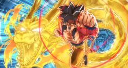 1boy black_hair body_fur dragon dragon_ball dragon_ball_(classic) dragon_ball_gt dragon_fist_(dragon_ball) highres long_hair male_focus monkey_tail motion_lines muscular muscular_male oozaru open_mouth pants punching red_fur red_tail son_goku speed_lines spiky_hair super_saiyan super_saiyan_4 tail topless_male tspace32 yellow_eyes yellow_pants 