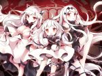  3girls :o aircraft_carrier_water_oni bare_legs bare_shoulders black_panties breasts cleavage detached_sleeves dress horns kantai_collection large_breasts long_hair looking_at_viewer midway_hime mittens multiple_girls northern_ocean_hime nyanya panties red_eyes ribbed_sweater shinkaisei-kan sweater turtleneck underwear white_dress white_hair white_skin 