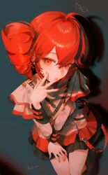  1girl ahoge artist_name bare_legs black_boots boots buttons closed_mouth crossed_bangs double-breasted drill_hair drop_shadow fcjfior foot_out_of_frame frilled_skirt frills from_above grey_jacket grey_skirt hair_between_eyes hand_on_own_thigh hand_up highres jacket kasane_teto kasane_teto_(sv) lace-up_boots leaning_forward long_sleeves looking_at_viewer musical_staff musical_staff_print nail_polish red_eyes red_hair red_nails red_trim shadow shoulder_belt shoulder_boards sidelocks signature skirt solo synthesizer_v twin_drills utau 