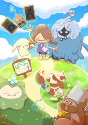  1girl :3 alternate_color alternate_form blue_eyes blue_sky blush blush_stickers broken_eyewear brown_hair buck_teeth chef_dente closed_eyes closed_mouth clouds commentary_request cooking_pot crack disc ditto dj_rotom droopy_ears ears_down fangs female_protagonist_(pokemon_pokopia) flower flower_on_head glasses greedent hat highres holding holding_ladle holding_own_tail ladle moss mosslax natu_a0z0ra neckerchief open_mouth outdoors paint paint_on_body pants peakychu pikachu plant pokemon pokemon_(creature) pokemon_focus pokemon_pokopia pot_on_head professor_tangrowth purple_shirt rotom round_eyewear shirt shoes short_sleeves sign sky sleeping smeargle smearguru smile snorlax spatula speaker tail tangrowth teeth tentacles tm_(pokemon) transformed_ditto twintails vines waving white_hat yellow_neckerchief yellow_shoes 