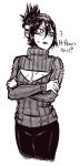  1boy blush cowboy_shot cropped_legs folded_ponytail monochrome onepunch_man onsoku_no_sonic open-chest_sweater ribbed_sweater solo sweater tenk tsundere turtleneck 