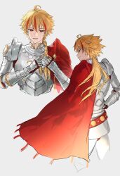  1boy absurdres ahoge armor blonde_hair braid cape chinese_commentary commentary_request fate/strange_fake fate_(series) full_armor gauntlets highres long_hair multicolored_hair multiple_views red_cape red_eyes red_hair richard_i_(fate) sajou_ayaka_(fate/strange_fake) simple_background single_braid streaked_hair two-tone_hair tying_hair white_background yyyiiiii 