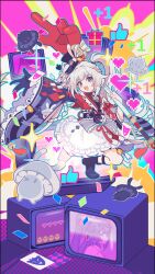  1girl alpaca_carlesi black_gloves black_hat braid diamond_(shape) diamond_facial_mark facial_mark gloves hat heart heart_facial_mark highres holding holding_weapon honkai:_star_rail honkai_(series) long_hair mini_hat mini_top_hat multicolored_hair open_mouth smile solo sparkle_(honkai:_star_rail) sparxie_(honkai:_star_rail) streaked_hair television thumbs_up_emoji top_hat twintails weapon white_hair 