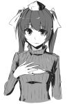  1girl breast_conscious hat himekaidou_hatate kamukamu_(ars) long_hair monochrome open-chest_sweater ribbed_sweater sad small_breasts solo sweater tokin_hat touhou turtleneck twintails 
