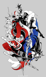  2girls absurdres animal_ears arknights blue_cape boots cape color_contrast expressionless fingerless_gloves floating floating_hair gloves grey_background happy highres holding holding_weapon knee_up lappland_(arknights) lappland_the_decadenza_(arknights) long_hair looking_at_another material_growth multiple_girls necktie official_artist_extra oripathy_lesion_(arknights) pantyhose red_cape rotational_symmetry scar scar_across_eye scar_on_face spot_color tail texas_(arknights) texas_the_omertosa_(arknights) two-sided_cape two-sided_fabric watermark weapon weibo_username weibo_watermark wolf_ears wolf_girl wolf_tail yan_yan_zhishi_naicha 