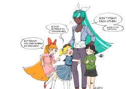  4girls aqua_hair bandaid bandaid_on_knee bandaid_on_leg black_hair bliss_(ppg) blonde_hair blossom_(ppg) blue_bow bow bubbles_(ppg) buttercup_(ppg) crying dark-skinned_female dark_skin denim dress english_text flying green_hoodie hair_bow hand_on_another's_head highres hood hoodie hugging_another's_leg jacket jeans multiple_girls open_clothes open_jacket open_mouth orange_hair pants pantyhose pink_dress powerpuff_girls red_bow ru0m6 shirt short_hair short_twintails shorts socks twintails violet_eyes white_pantyhose white_shirt white_socks 