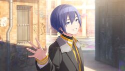  1boy black_jacket black_shirt blue_eyes blue_hair buttons collared_jacket colorful_palette dot_nose double-parted_bangs double_horizontal_stripe game_cg go_all_out_(project_sekai) grin hand_up highres jacket jewelry kaito_(vocaloid) long_sleeves looking_at_viewer male_focus official_art open_clothes open_jacket outdoors parted_lips project_sekai ring shirt short_hair smile solo standing third-party_source turtleneck turtleneck_shirt upper_body vivid_bad_squad_kaito vocaloid waving white_shirt yellow_trim 