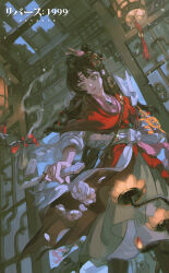  1girl absurdres black_boots black_hair blue_sky boots branch broken broken_ceiling broken_sword broken_weapon candlestand chinese_clothes chinese_commentary commentary_request copyright_name facial_mark feet_out_of_frame flower forehead_mark from_below grey_eyes hair_branch hair_bun hanfu highres holding holding_sword holding_weapon huang_lueluelue indoors jian_(weapon) lantern lattice logo long_hair looking_down pants paper_heron paper_lantern plum_blossoms red_flower red_hanfu reverse:1999 sky smoke solo sword weapon white_pants 