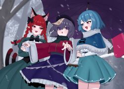  3girls :3 animal_ear_fluff animal_ears bare_tree black_hair black_hat blue_capelet blue_eyes blue_hair blue_skirt blunt_bangs blush braid breasts canonball_(dungigi12) capelet cat_ears cat_girl cat_tail commentary_request crossed_arms dress extra_ears fang fur_trim green_dress green_scarf hat heterochromia highres holding holding_umbrella kaenbyou_rin korean_commentary large_breasts long_hair long_sleeves mixed-language_commentary miyako_yoshika multiple_girls multiple_tails newsboy_cap ofuda ofuda_on_head open_mouth outdoors partial_commentary pointy_ears purple_umbrella red_eyes red_hair scarf side_braids skin_fang skirt smile snow snowing tail tatara_kogasa tongue touhou tree twin_braids two_tails umbrella violet_eyes white_scarf 