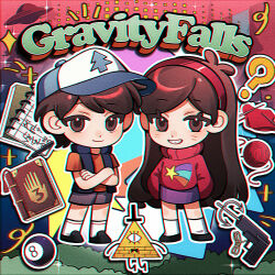  1boy 1girl 8-ball ? bill_cipher black_shoes brown_eyes brown_hair copyright_name dipper_pines english_text er-ytz grappling_hook gravity_falls hairband highres mabel_pines notebook pink_hair pink_hairband red_shirt shirt shoes shooting_star_(symbol) shorts siblings skirt socks twins ufo vest white_socks 
