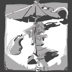  1girl 3ma_can_omochi arms_up closed_mouth commentary feet_out_of_frame geta greyscale highres holding holding_umbrella karakasa_obake looking_at_viewer midriff_peek monochrome shirt short_sleeves skirt solo standing tatara_kogasa tongue tongue_out touhou umbrella 