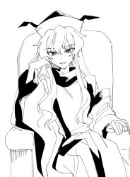  1girl absurdres commentary_request detached_sleeves greyscale hat highres long_hair long_sleeves looking_at_viewer matara_okina monochrome open_mouth sitting skirt smile solo tabard touhou uehara_suiyo wide_sleeves 