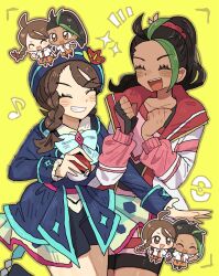  :d black_bodysuit black_gloves black_hair blue_jacket blue_shorts blush bodysuit braid brown_eyes brown_hair chibi chibi_inset clenched_hands closed_eyes dark-skinned_female dark_skin fingerless_gloves freckles gloves green_hair hair_ornament hairclip han0579 hat highres holding holding_hands holding_poke_ball jacket juliana_(anniversary_2026)_(pokemon) juliana_(pokemon) long_hair long_sleeves multicolored_hair multiple_views musical_note naranja_academy_school_uniform necktie nemona_(pokemon) nemona_(sygna_suit)_(pokemon) official_alternate_costume open_clothes open_jacket open_mouth orange_eyes orange_necktie orange_shorts pink_jacket poke_ball poke_ball_symbol pokemon pokemon_masters_ex ponytail purple_hat school_uniform shirt short_hair shorts single_braid single_glove smile teeth two-tone_hair viewfinder white_shirt yellow_background 